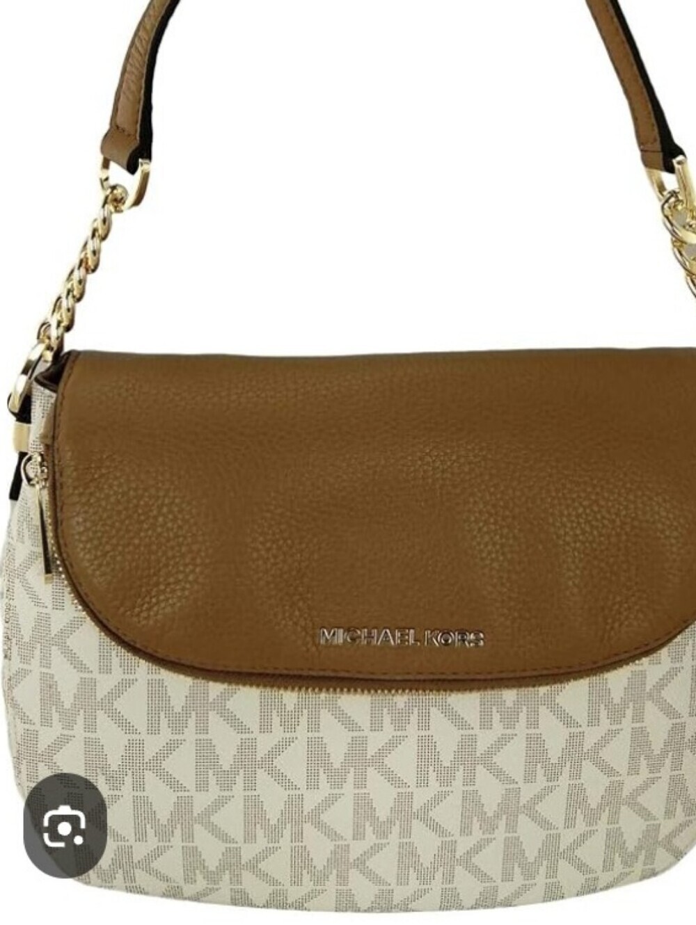 > Michael Kors Brown Leather and Cream MK Logo Crossbody Bag